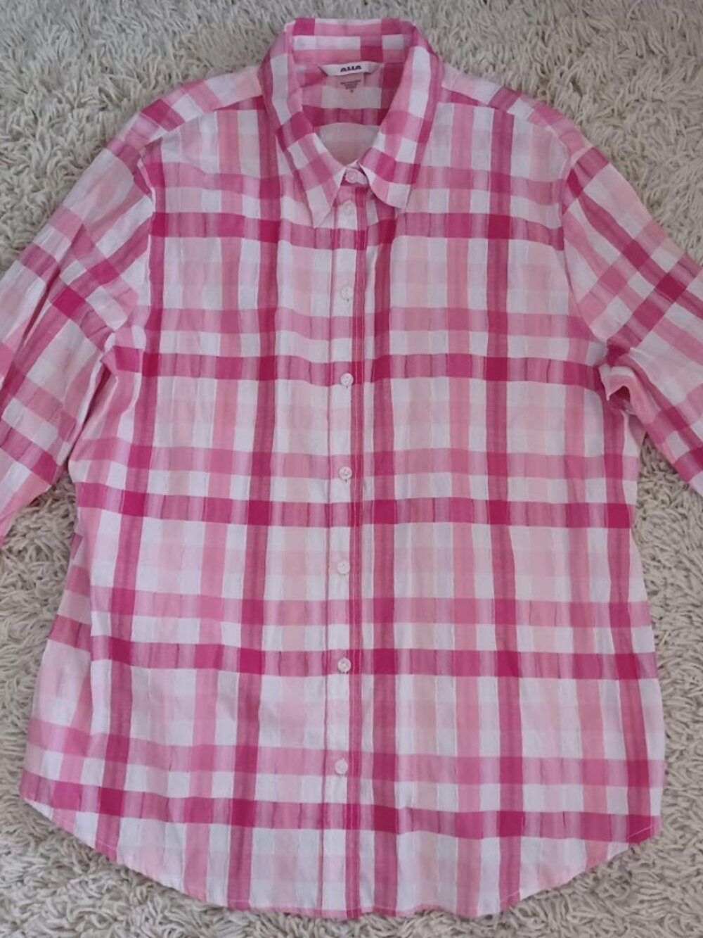 Alia Womens Plaid Button Up Shirt Size 18 Pink White Lightweight Long Sleeve
